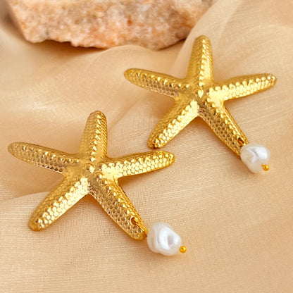 1 Pair Elegant Glam Luxurious Starfish Pearl 304 Stainless Steel 18K Gold Plated Drop Earrings