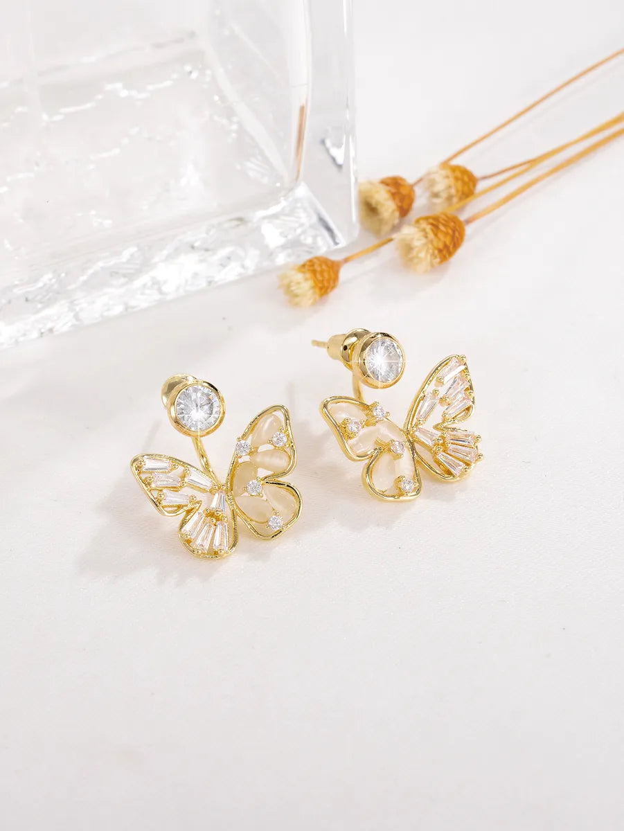 1 Pair Elegant Glam Shiny Butterfly Plating Inlay Copper Opal Zircon 18k Gold Plated Ear Studs