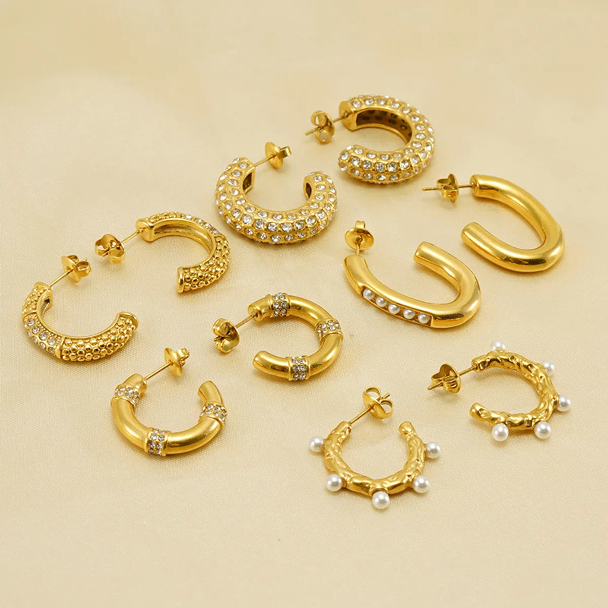 1 Pair Elegant Glam Shiny C Shape Plating Inlay Stainless Steel Pearl Zircon 18k Gold Plated Ear Studs