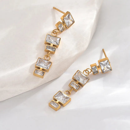 1 Pair Elegant Glam Wedding Rectangle Polishing Inlay Stainless Steel Zircon 14K Gold Plated Drop Earrings