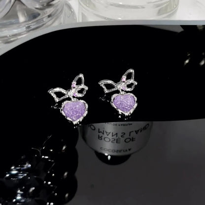 1 Pair Elegant Heart Shape Bow Knot Alloy Drop Earrings