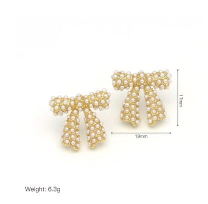 1 Pair Elegant Heart Shape Bow Knot Imitation Pearl Copper Ear Studs