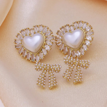 1 Pair Elegant Heart Shape Bow Knot Imitation Pearl Copper Ear Studs