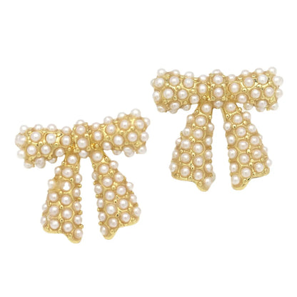 1 Pair Elegant Heart Shape Bow Knot Imitation Pearl Copper Ear Studs