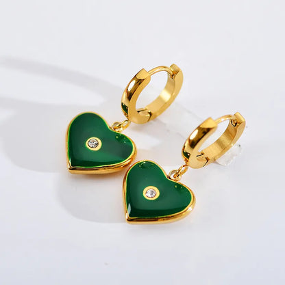 1 Pair Elegant Heart Shape Copper Enamel Inlay Zircon Drop Earrings