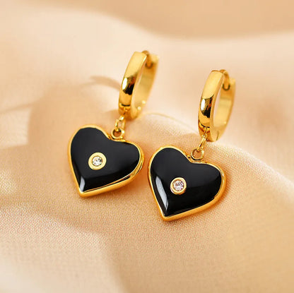 1 Pair Elegant Heart Shape Copper Enamel Inlay Zircon Drop Earrings