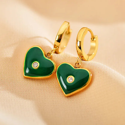 1 Pair Elegant Heart Shape Copper Enamel Inlay Zircon Drop Earrings