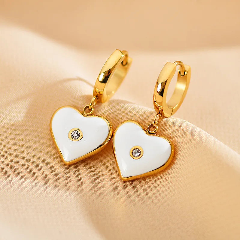 1 Pair Elegant Heart Shape Copper Enamel Inlay Zircon Drop Earrings