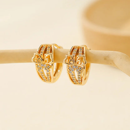 1 Pair Elegant Heart Shape Flower Bow Knot Inlay Copper Zircon Hoop Earrings