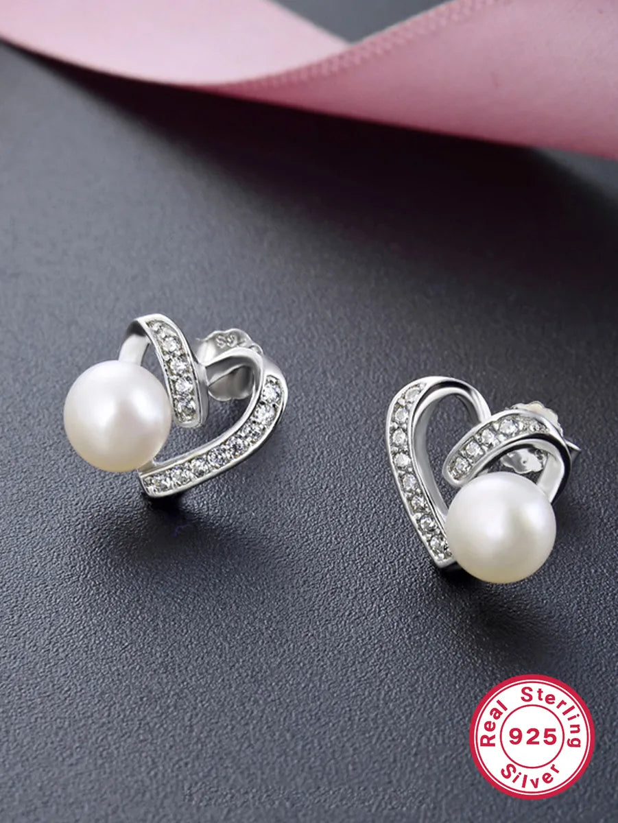 1 Pair Elegant Heart Shape Inlay Sterling Silver Artificial Pearls Zircon White Gold Plated Ear Studs