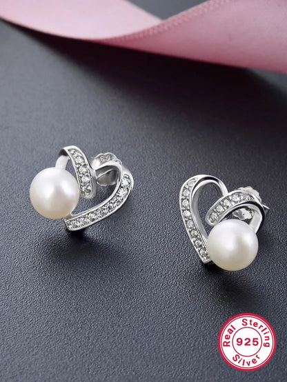 1 Pair Elegant Heart Shape Inlay Sterling Silver Artificial Pearls Zircon White Gold Plated Ear Studs