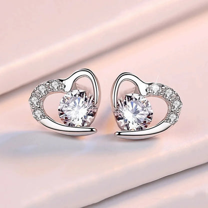 1 Pair Elegant Heart Shape Inlay Sterling Silver Zircon Ear Studs