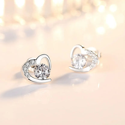 1 Pair Elegant Heart Shape Inlay Sterling Silver Zircon Ear Studs