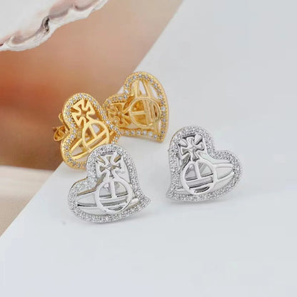 1 Pair Elegant Heart Shape Planet Plating Inlay Copper Zircon Ear Studs