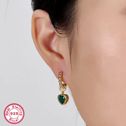 1 Pair Elegant Heart Shape Plating Inlay Sterling Silver Malachite Zircon 18k Gold Plated Drop Earrings