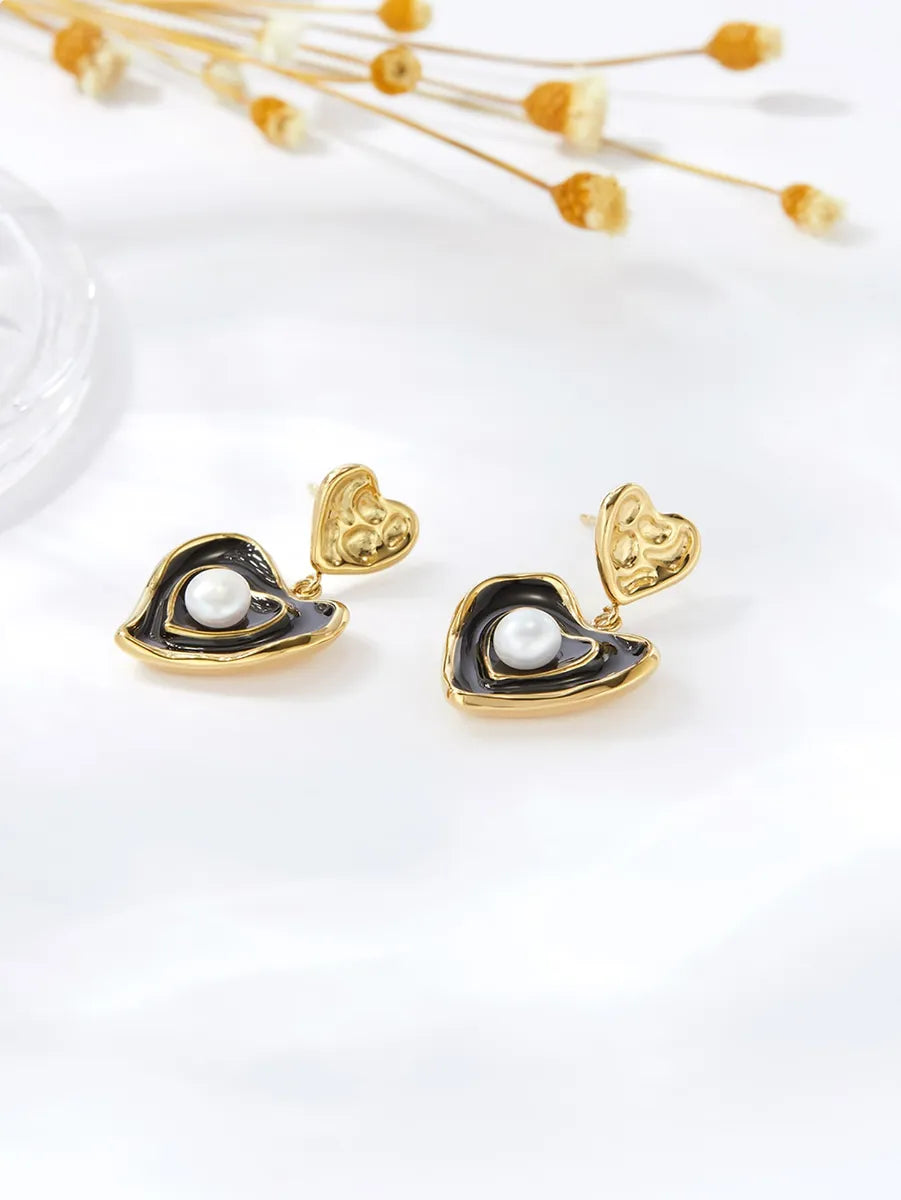 1 Pair Elegant Heart Shape Stainless Steel Pearl 18k Gold Plated Drop Earrings