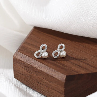 1 Pair Elegant Infinity Pearl Inlay Sterling Silver Zircon Ear Studs