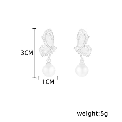 1 Pair Elegant Lady Butterfly Inlay Copper Artificial Pearls Zircon Drop Earrings