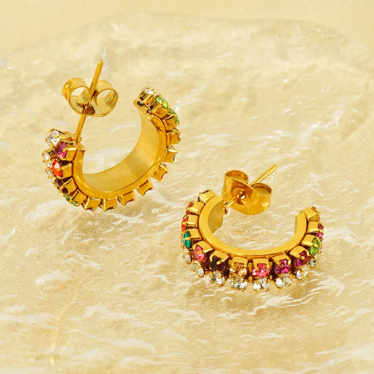 1 Pair Elegant Lady C Shape Plating Inlay Stainless Steel Zircon 18k Gold Plated Ear Studs