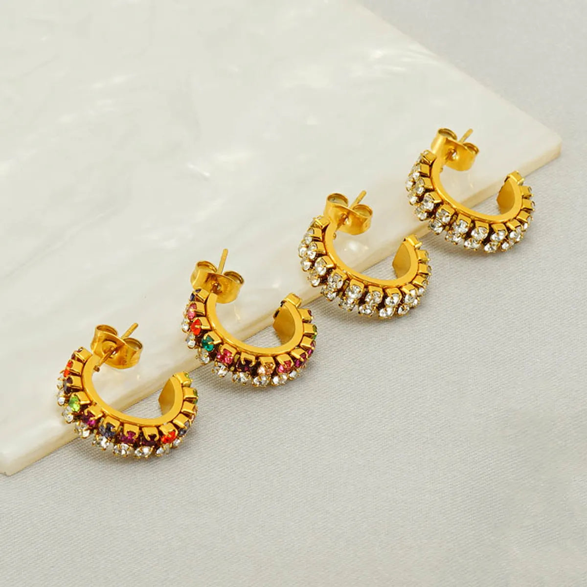 1 Pair Elegant Lady C Shape Plating Inlay Stainless Steel Zircon 18k Gold Plated Ear Studs