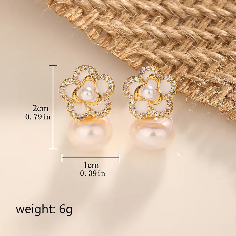 1 Pair Elegant Lady Commute Flower Plating Inlay Copper Artificial Pearls Zircon Ear Studs