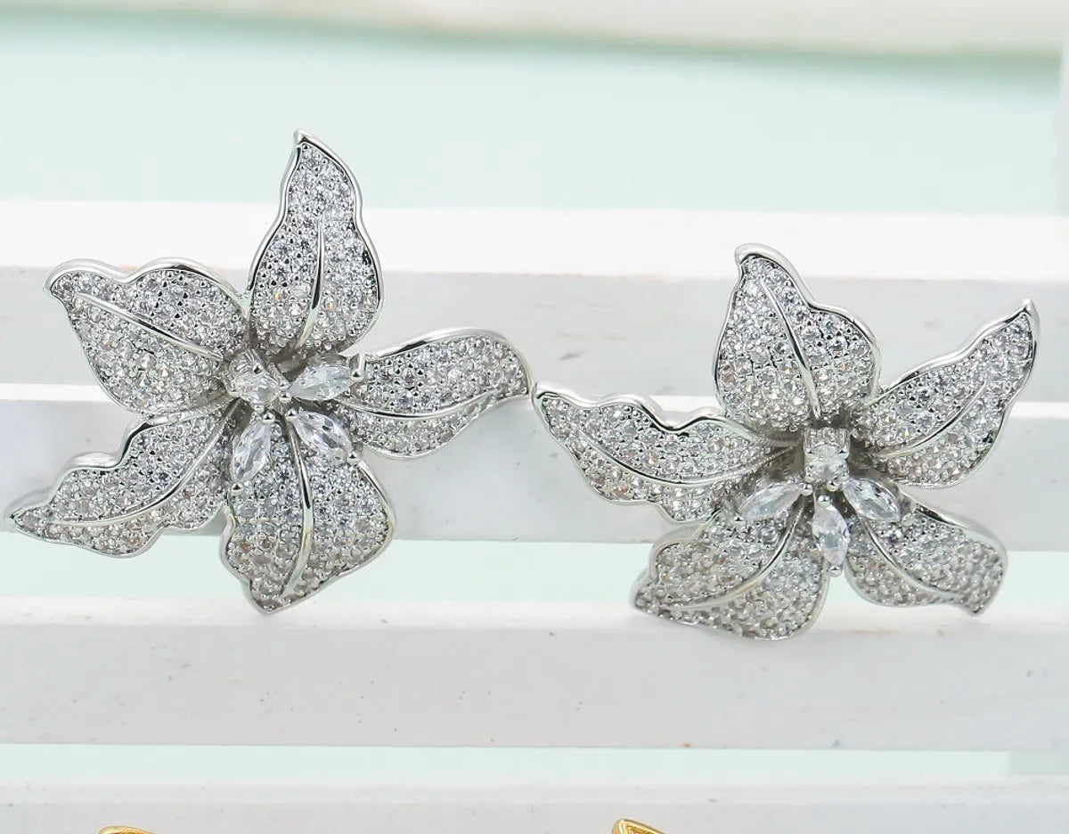 1 Pair Elegant Lady Flower Plating Inlay Copper Zircon Ear Studs