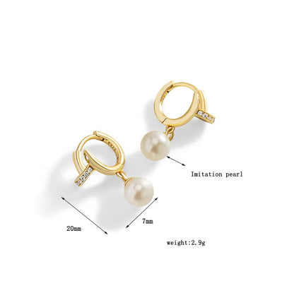 1 Pair Elegant Lady Geometric Circle Inlay 925 Silver Imitation Pearl Hoop Earrings Drop Earrings