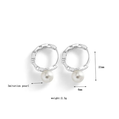 1 Pair Elegant Lady Geometric Circle Inlay 925 Silver Imitation Pearl Hoop Earrings Drop Earrings