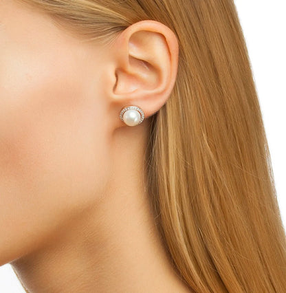 1 Pair Elegant Lady Geometric Inlay Sterling Silver Artificial Pearls Zircon White Gold Plated Ear Studs