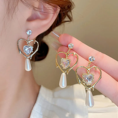 1 Pair Elegant Lady Korean Style Heart Shape Inlay Alloy Zircon Drop Earrings