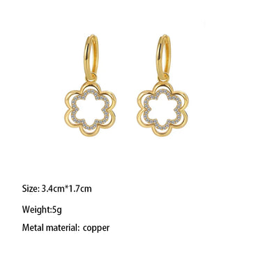 1 Pair Elegant Lady Pentagram Round Inlay Copper Brass Pearl Gold Plated Drop Earrings Ear Studs