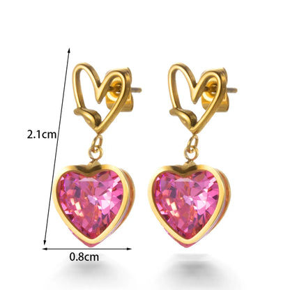 1 Pair Elegant Lady Simple Style Geometric Heart Shape Flower Plating Inlay Stainless Steel Zircon 18k Gold Plated Drop Earrings