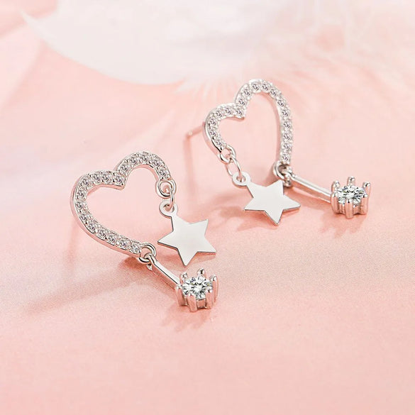1 Pair Elegant Lady Star Heart Shape Inlay Sterling Silver Zircon Drop Earrings