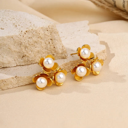 1 Pair Elegant Lady Streetwear Flower Inlay 304 Stainless Steel Artificial Pearls 18K Gold Plated Ear Studs