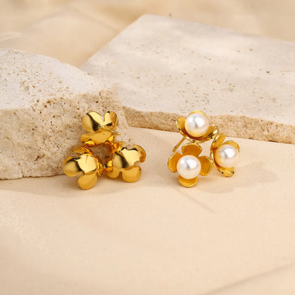 1 Pair Elegant Lady Streetwear Flower Inlay 304 Stainless Steel Artificial Pearls 18K Gold Plated Ear Studs