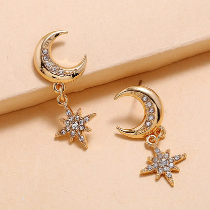 1 Pair Elegant Lady Streetwear Geometric Star Moon Inlay Alloy Rhinestones Gold Plated Drop Earrings