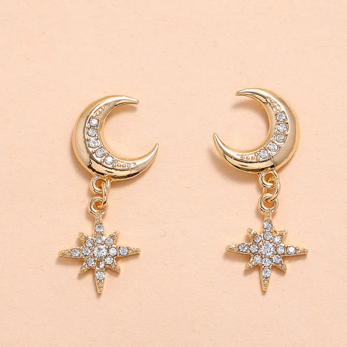 1 Pair Elegant Lady Streetwear Geometric Star Moon Inlay Alloy Rhinestones Gold Plated Drop Earrings