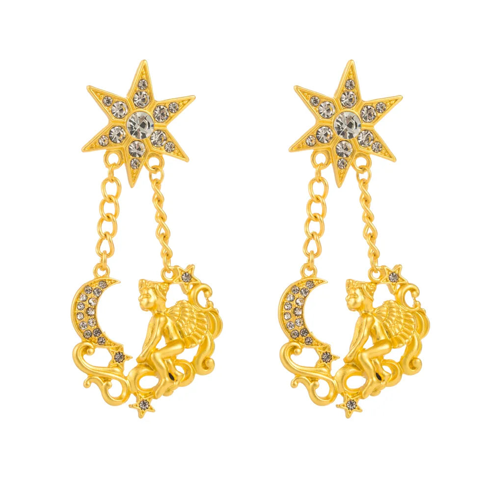 1 Pair Elegant Lady Streetwear Star Inlay Alloy Rhinestones Glass 14K Gold Plated Drop Earrings Ear Studs