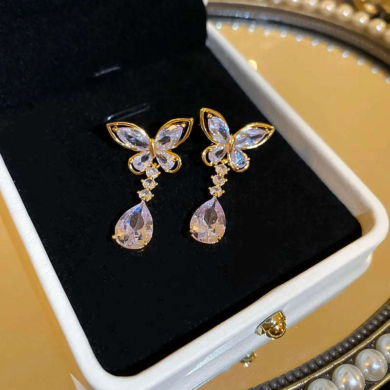 1 Pair Elegant Lady Streetwear Water Droplets Butterfly Inlay Copper Zircon 14K Gold Plated Drop Earrings