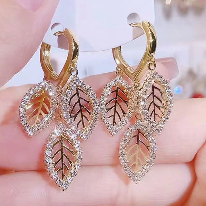 1 Pair Elegant Leaf Inlay Alloy Artificial Crystal Rhinestones Drop Earrings