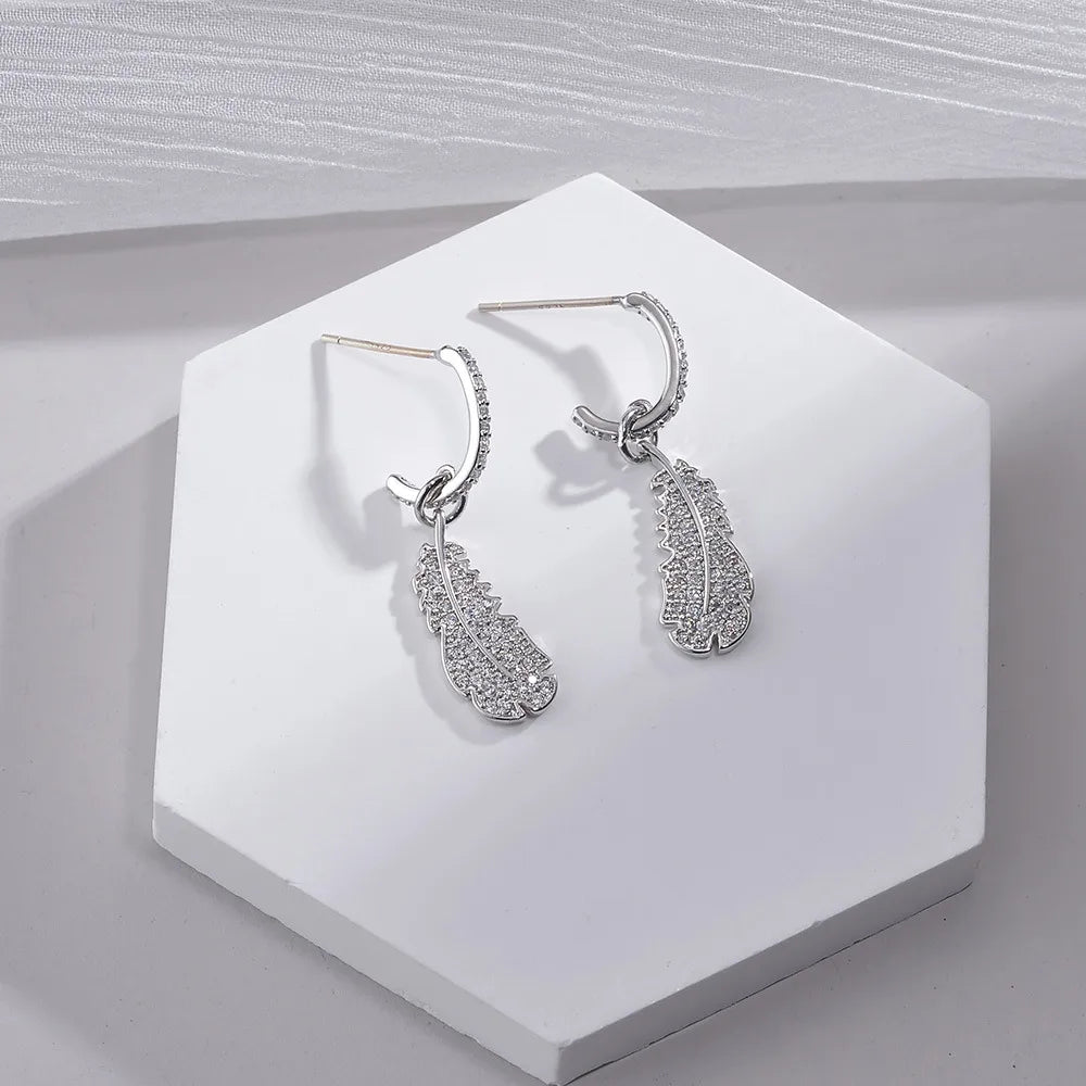 1 Pair Elegant Leaf Plating Inlay Sterling Silver Zircon 16K Gold Plated White Gold Plated Drop Earrings