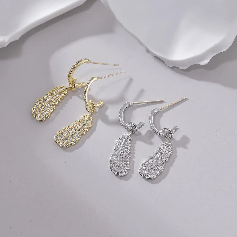 1 Pair Elegant Leaf Plating Inlay Sterling Silver Zircon 16K Gold Plated White Gold Plated Drop Earrings