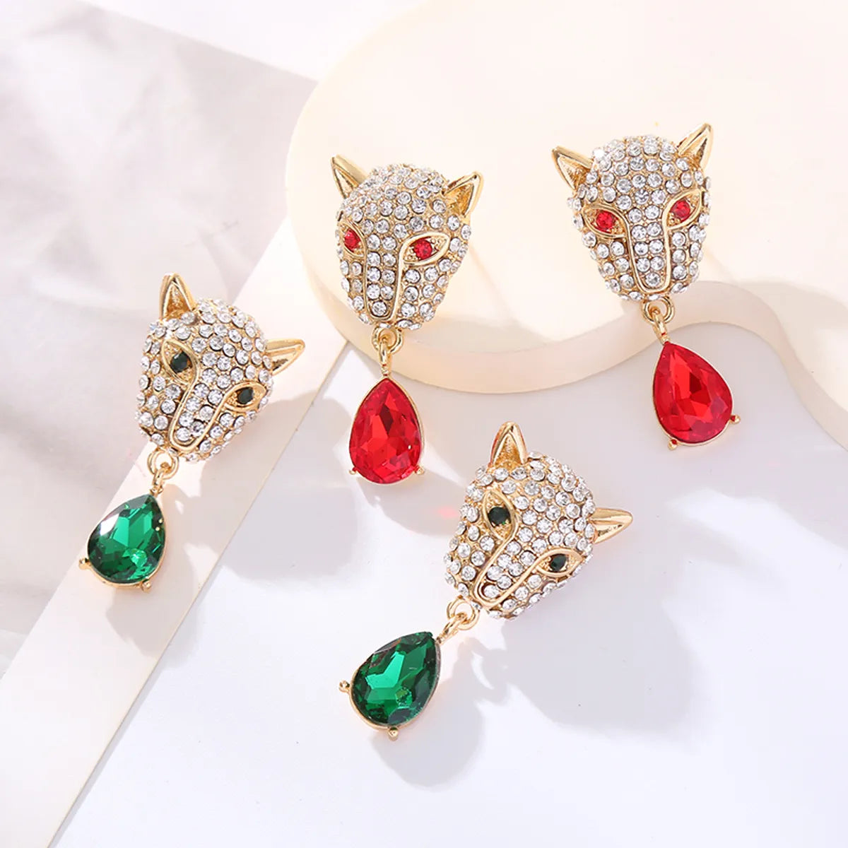 1 Pair Elegant Leopard Head Inlay Alloy Rhinestone Rhinestones Drop Earrings