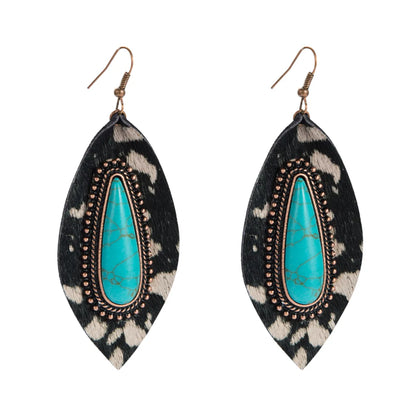 1 Pair Elegant Leopard Inlay Pu Leather Alloy Turquoise Turquoise Drop Earrings