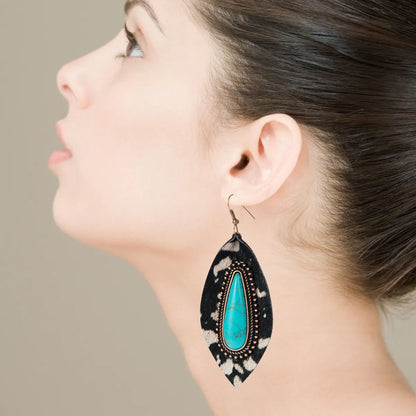 1 Pair Elegant Leopard Inlay Pu Leather Alloy Turquoise Turquoise Drop Earrings