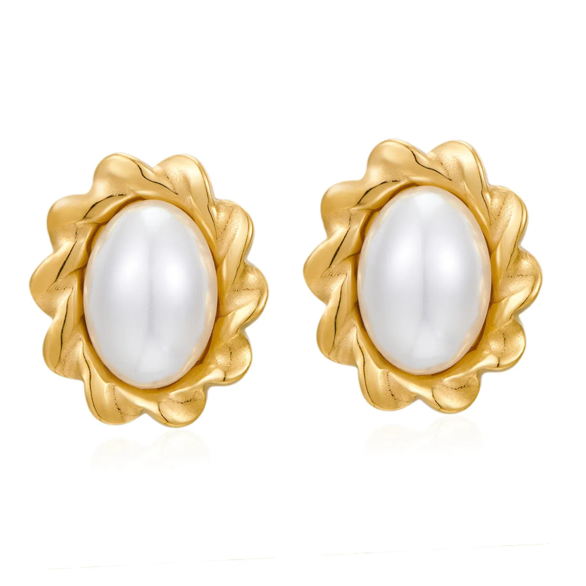 1 Pair Elegant Luxurious Classic Style Oval Argyle Plating Inlay 304 Stainless Steel Artificial Pearls 18K Gold Plated Ear Studs