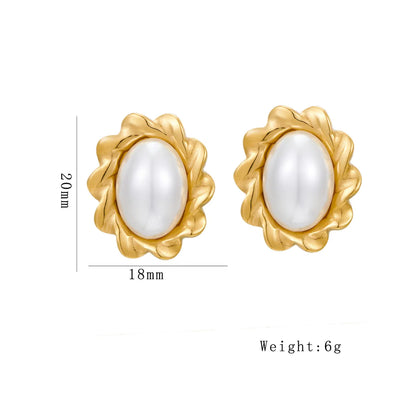 1 Pair Elegant Luxurious Classic Style Oval Argyle Plating Inlay 304 Stainless Steel Artificial Pearls 18K Gold Plated Ear Studs