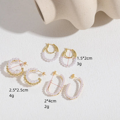 1 Pair Elegant Luxurious Classic Style U Shape Round Asymmetrical Inlay Copper Pearl Zircon 14k Gold Plated Ear Studs