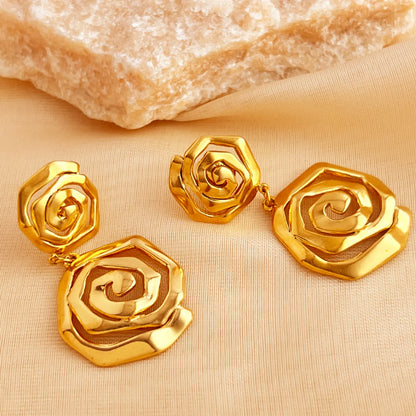 1 Pair Elegant Luxurious Flower Polishing Plating 304 Stainless Steel 18K Gold Plated Drop Earrings