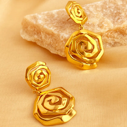 1 Pair Elegant Luxurious Flower Polishing Plating 304 Stainless Steel 18K Gold Plated Drop Earrings